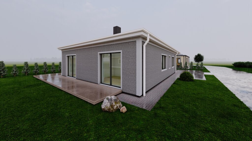 Vizualizacija. Vieno aukšto 113m² ploto namas soduose