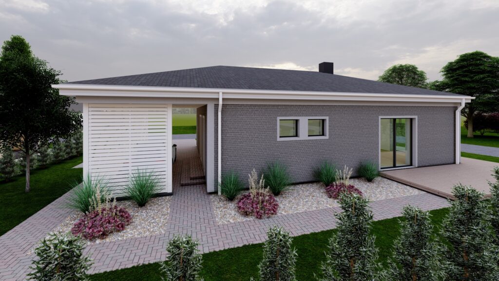 Vizualizacija. Vieno aukšto 113m² ploto namas soduose