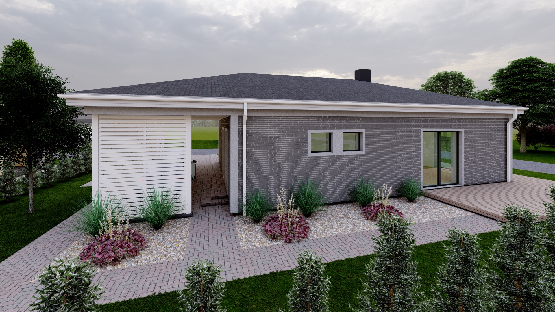 Vizualizacija. Vieno aukšto 113m² ploto namas soduose