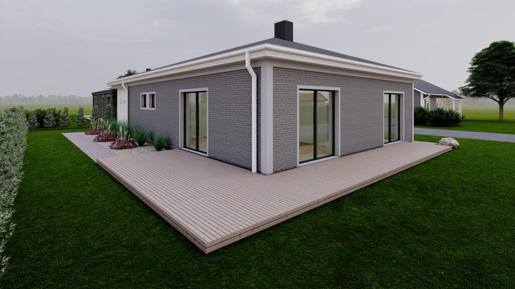 Vizualizacija. Vieno aukšto 113m² ploto namas soduose