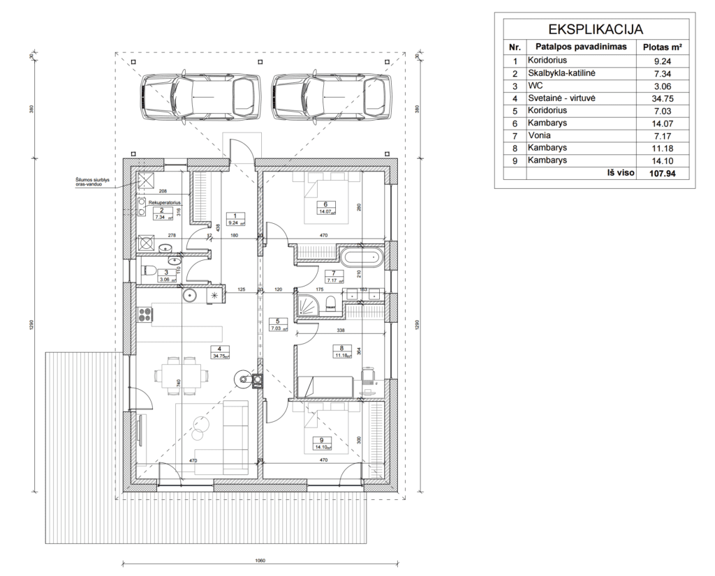 Planas. Vieno aukšto 113m² ploto namas soduose